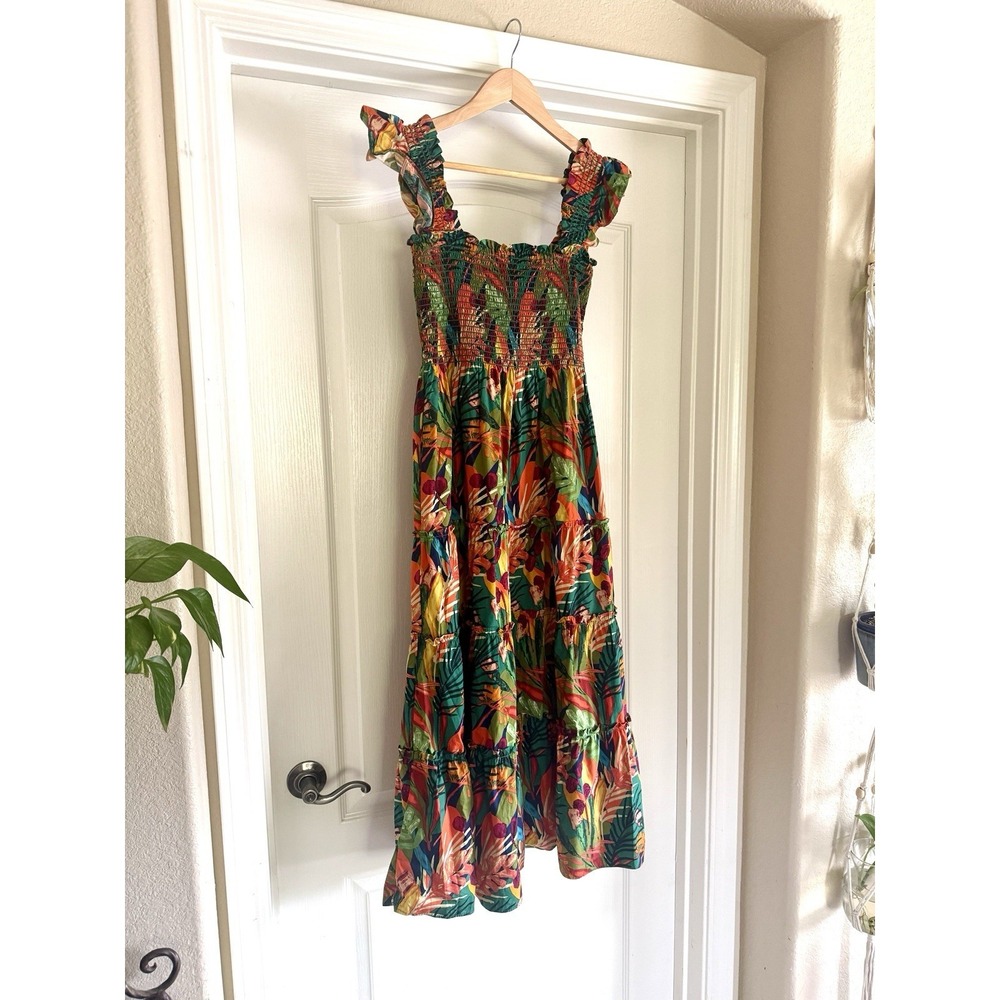 Anthropologie OPT Calypso Tropical Cotton Sundress Womens L Bold Floral Smocked - Picture 6 of 11